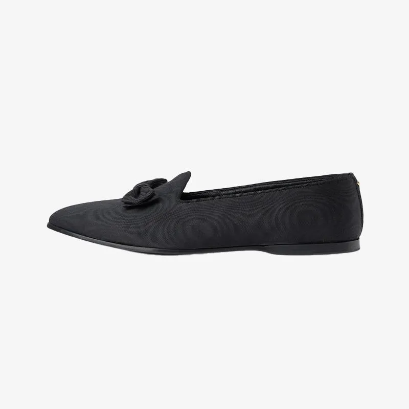 Black Fabric Pointed-Toe Loafers with Bow