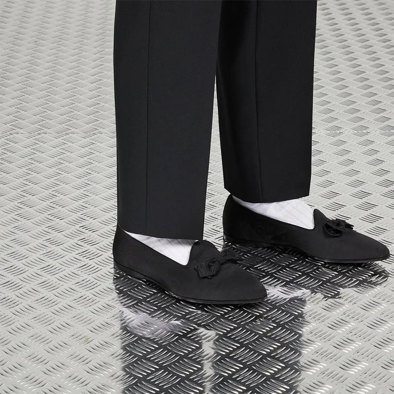 Black Fabric Pointed-Toe Loafers with Bow