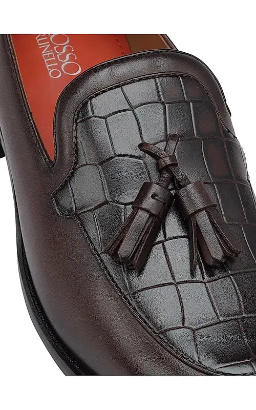 Coffee Croco Textured Loafers With Tassels