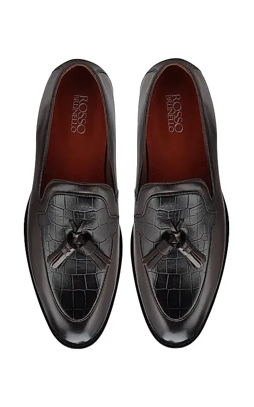 Coffee Croco Textured Loafers With Tassels