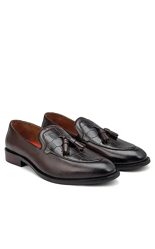 Coffee Croco Textured Loafers With Tassels