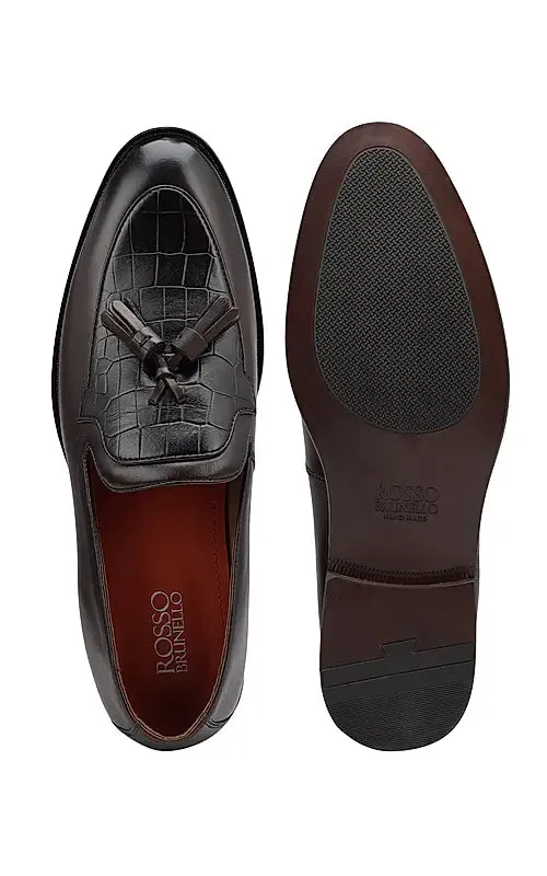 Coffee Croco Textured Loafers With Tassels