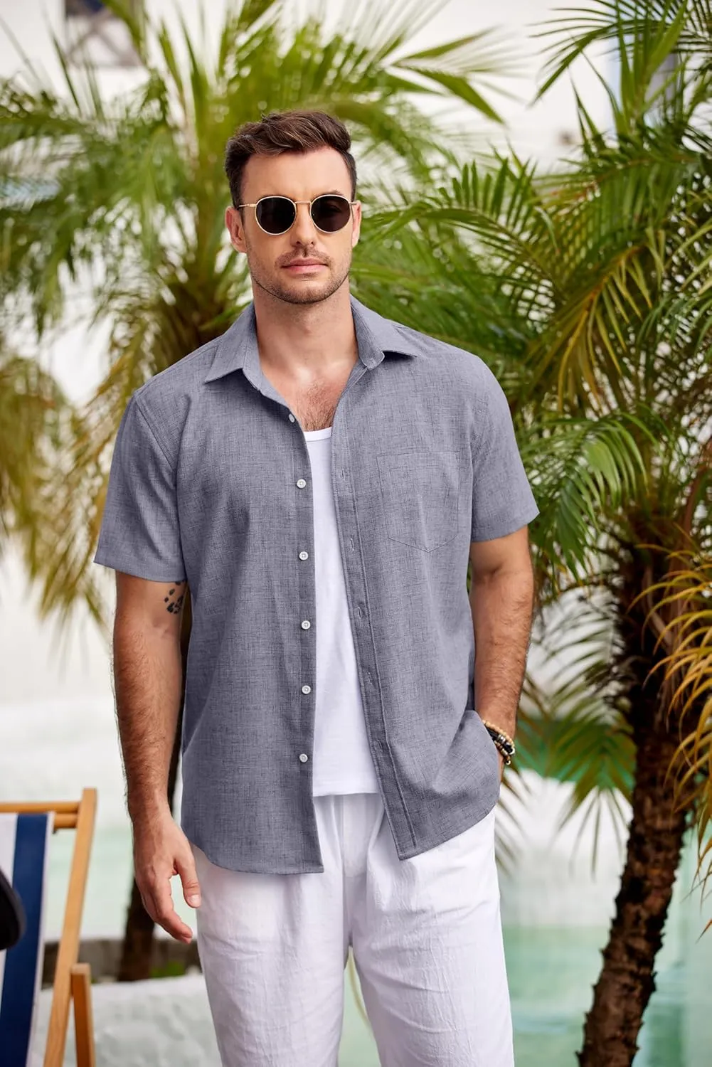 COOFANDY Men's Casual Button Down Shirts Short Sleeve Linen Shirts Summer Beach Dress Shirt
