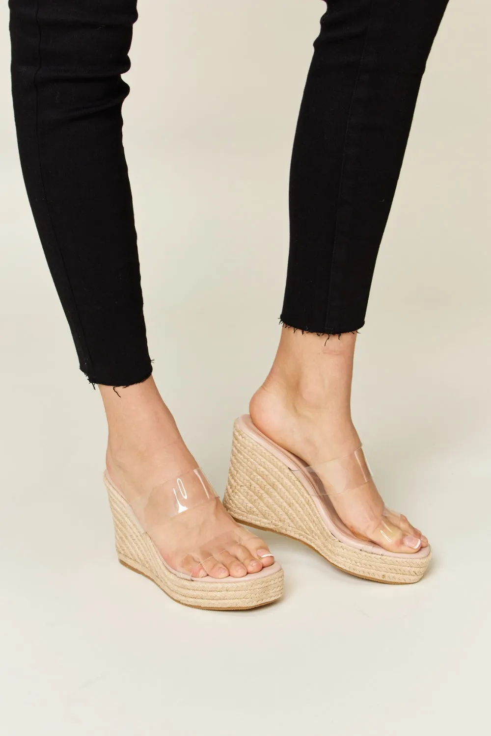 Forever Link Clear Strap Espadrille Nude Color Platform Wedge Tall Sandals