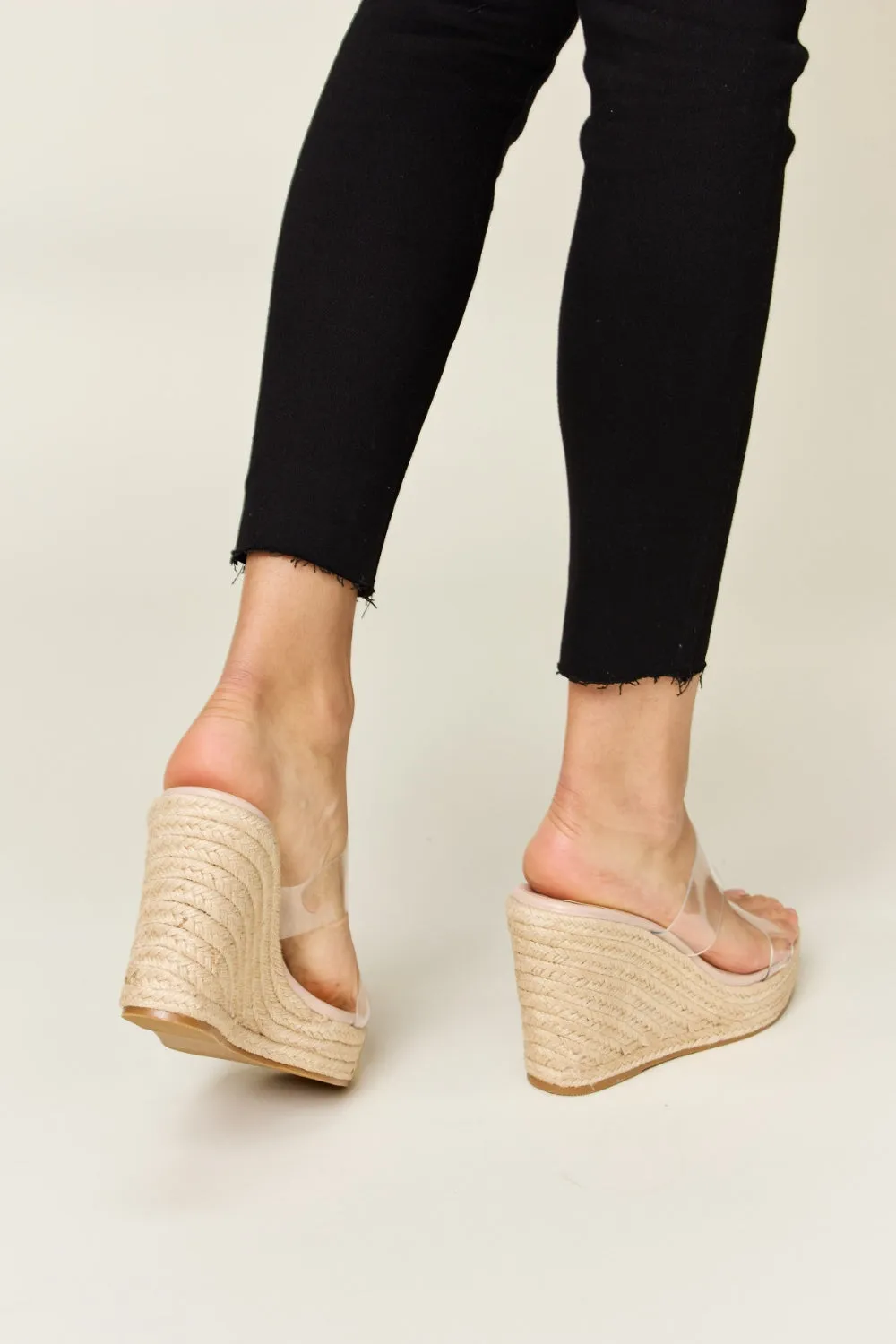 Forever Link Clear Strap Espadrille Nude Color Platform Wedge Tall Sandals