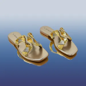 Gold embroidery square-toe flats