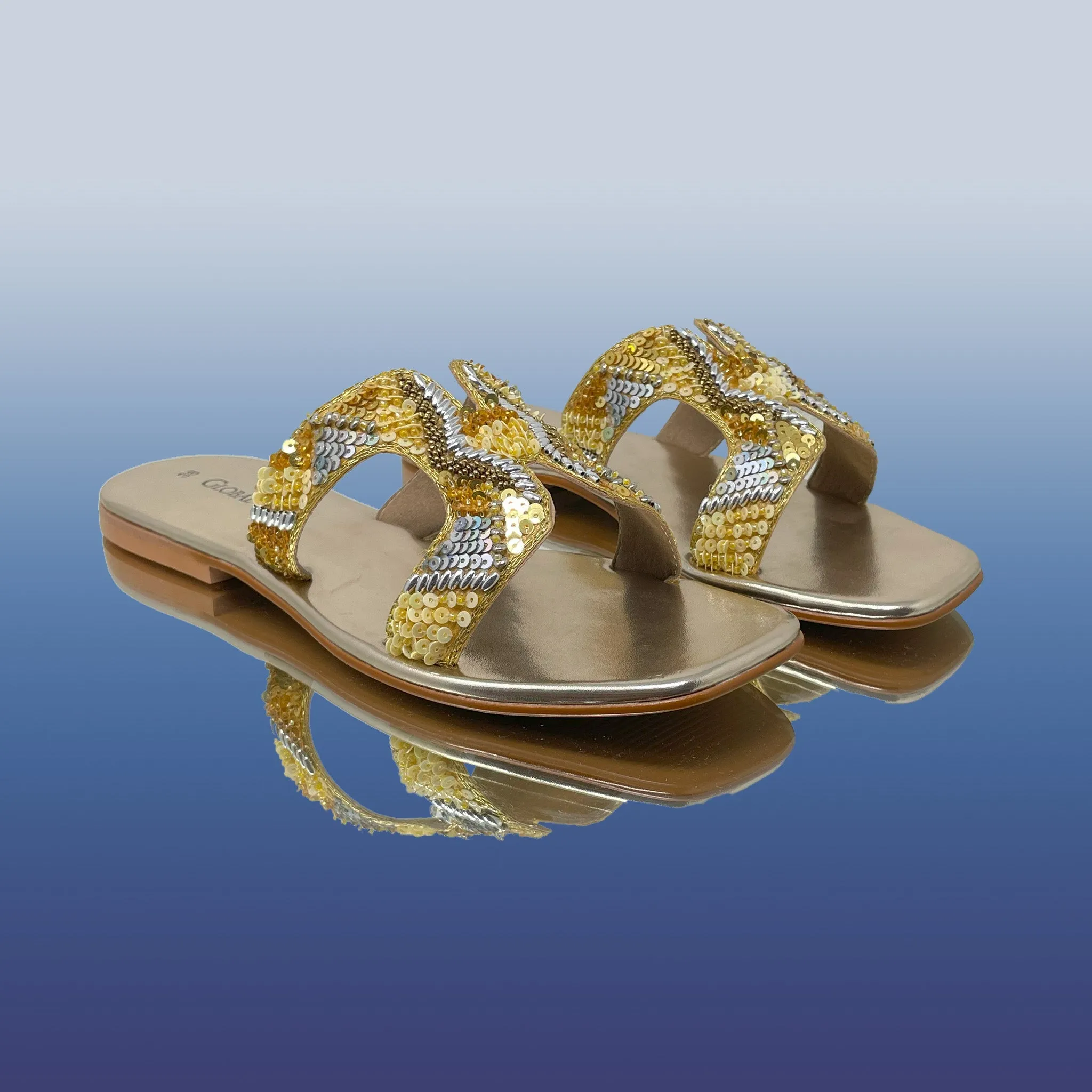 Gold embroidery square-toe flats