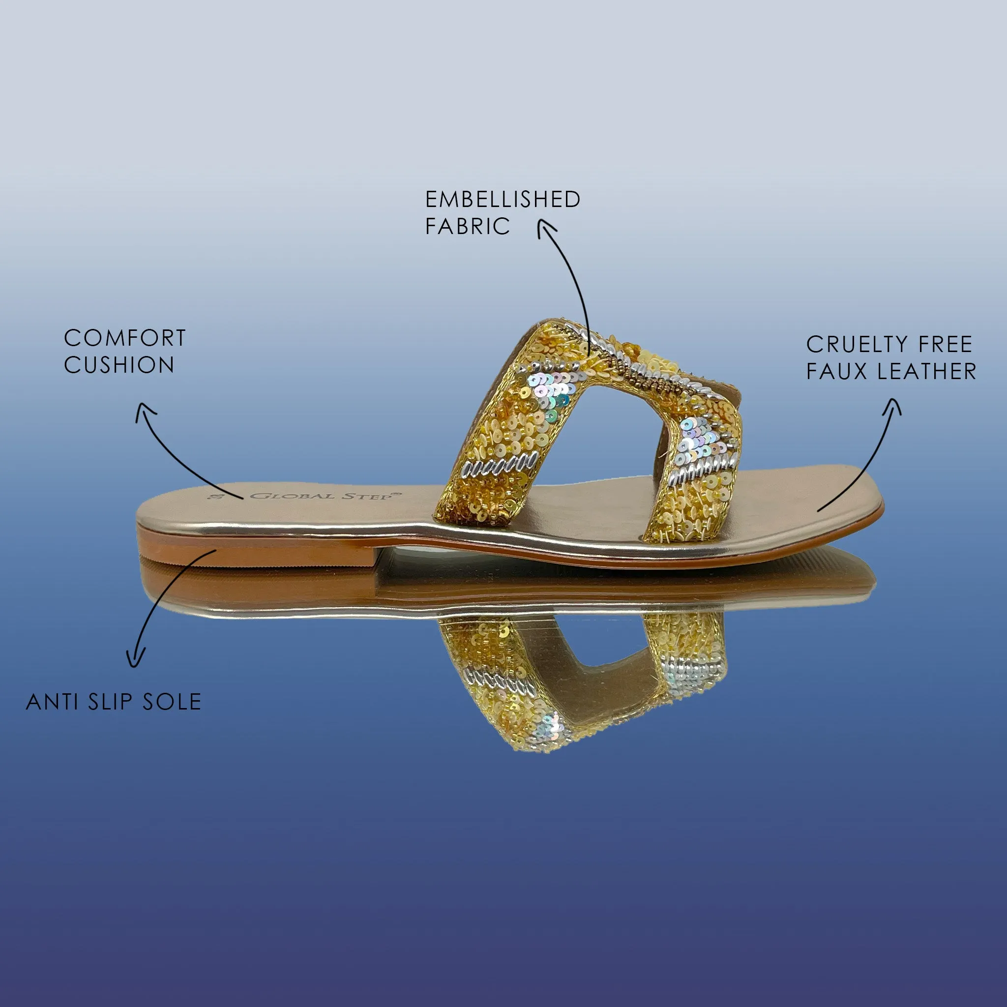 Gold embroidery square-toe flats