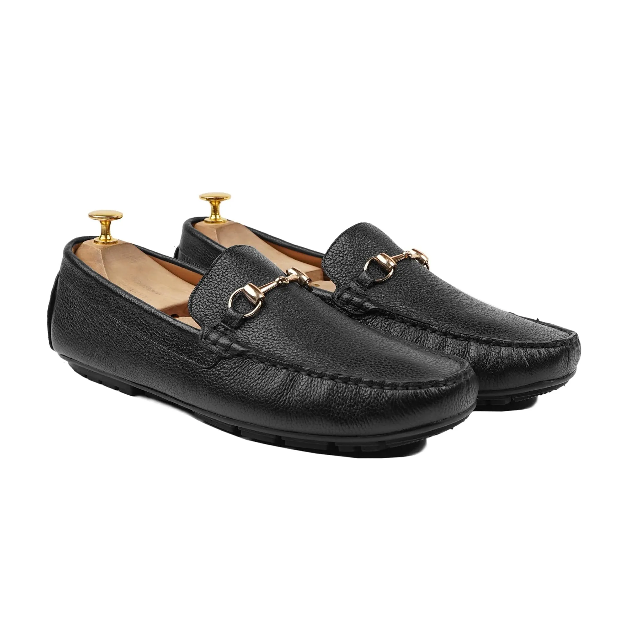 Handmade Custom Black Pebble Grain Leather Driver Mens Loafers