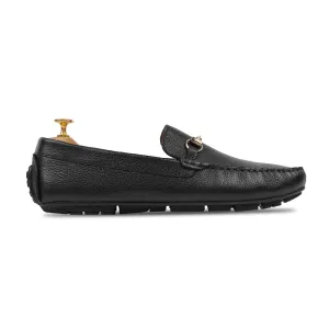 Handmade Custom Black Pebble Grain Leather Driver Mens Loafers