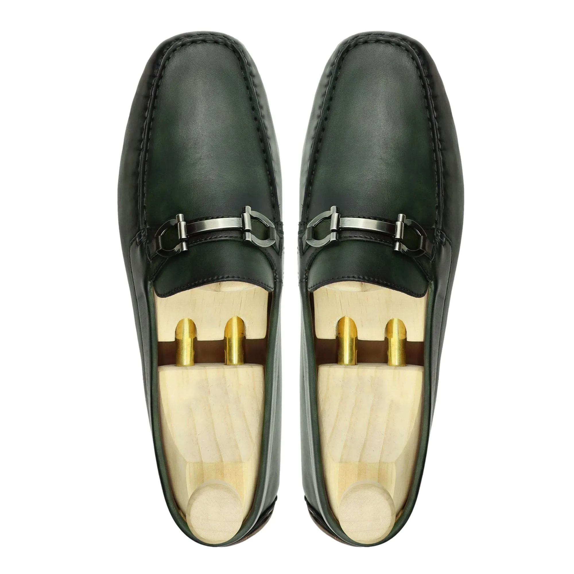 Handmade Custom Green Calf Leather Driver Mens Loafers