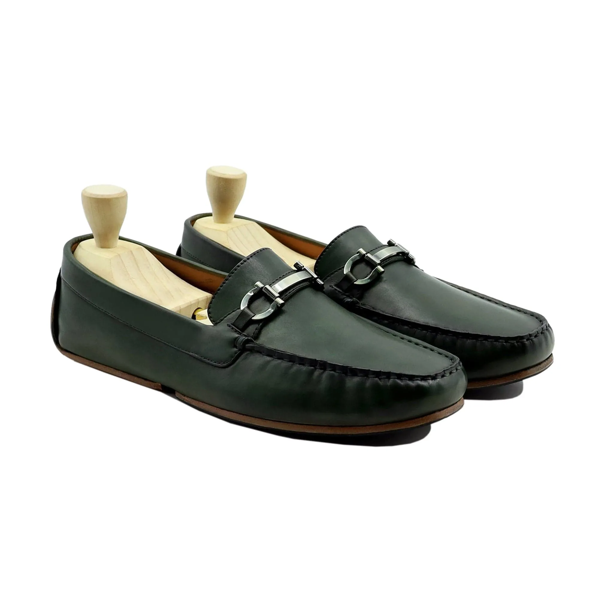 Handmade Custom Green Calf Leather Driver Mens Loafers