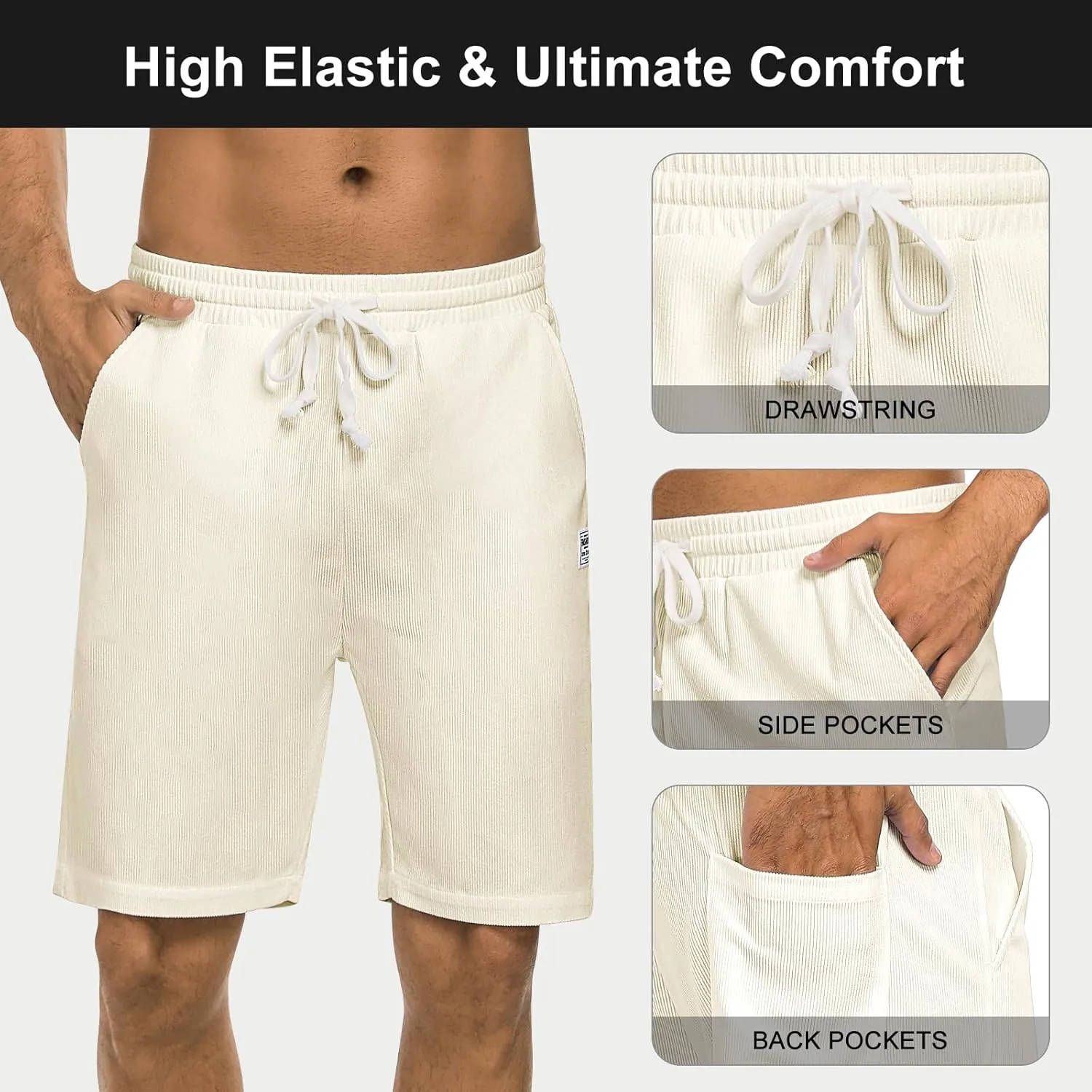 Men's Casual Shorts Corduroy Elastic Waist Drawstring 7 inch Shorts for Men with Pockets