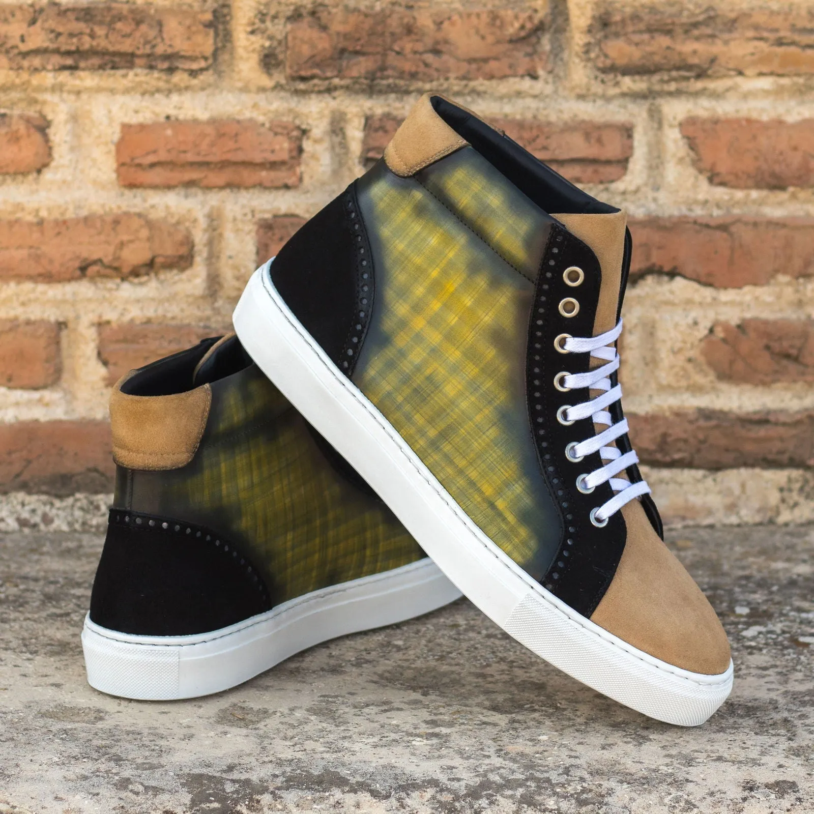 Men's High Kick Sneakers Patina Leather Wide Plus Size Black Brown 4889