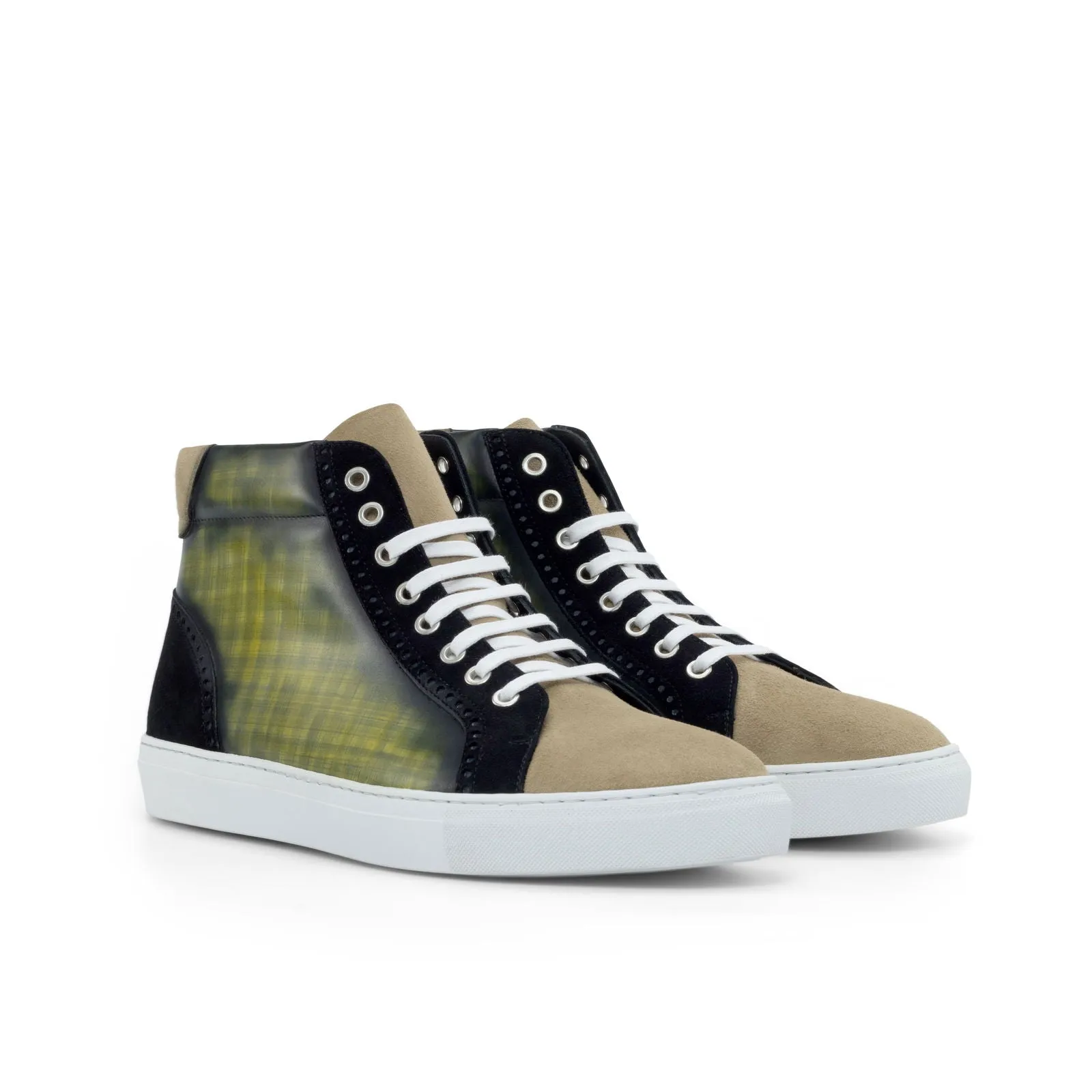 Men's High Kick Sneakers Patina Leather Wide Plus Size Black Brown 4889