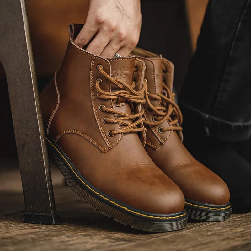 Men's Leather Winter Boots - Comfortable Warm Ankle Motorcycle Shoes, Snow & Work Oxfords