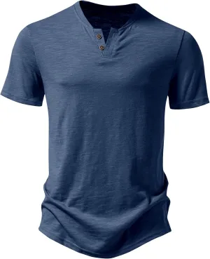 Men's Stretchy Short Sleeve Henley T-Shirt Casual Cotton 2 Buttons Notch Neck Tee Shirts