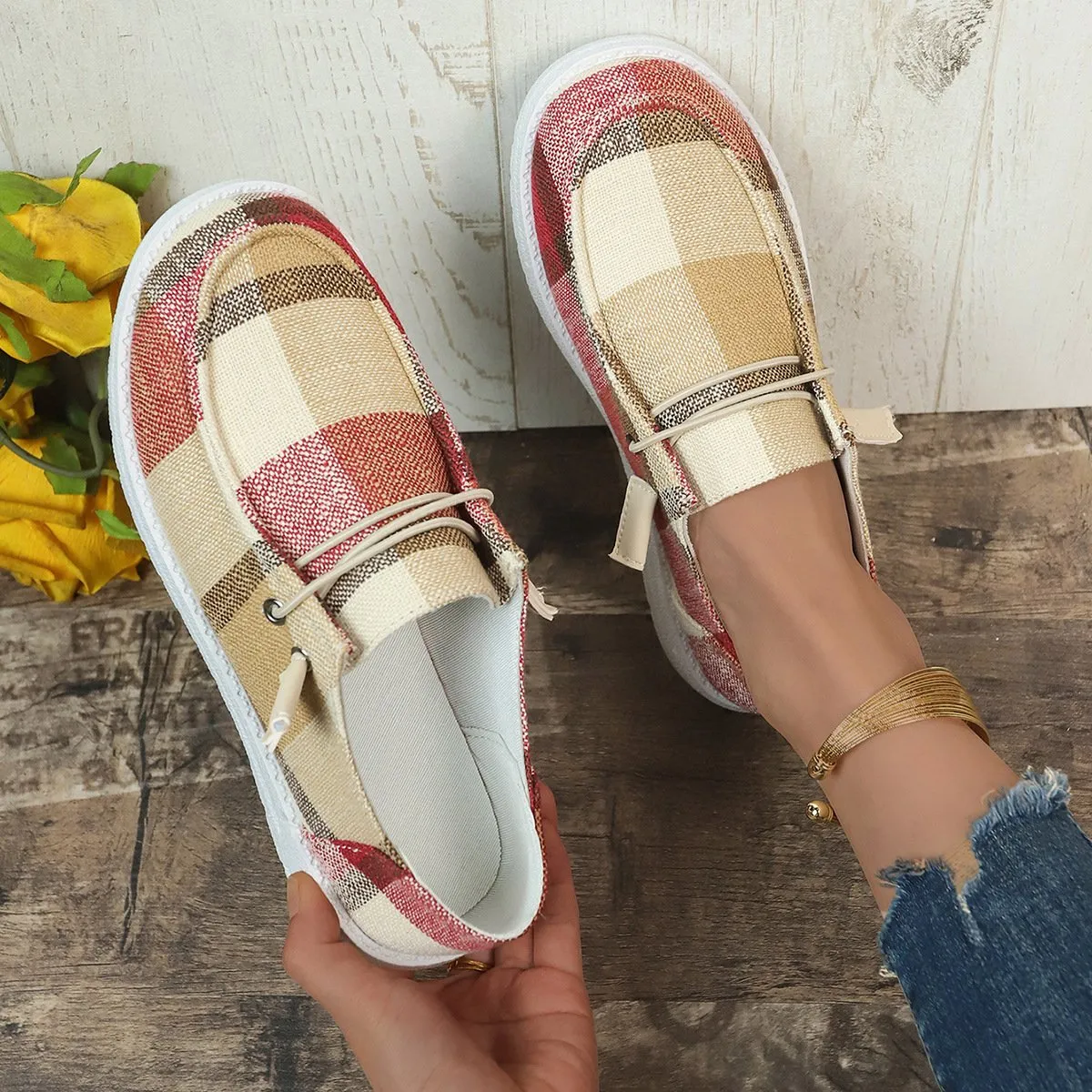 Plaid canvas shoes comfortable flat shoes
