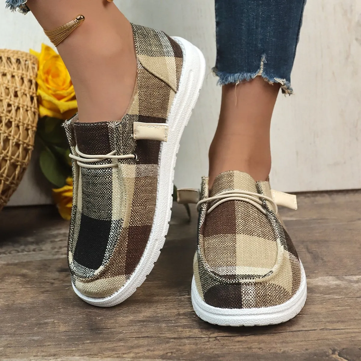 Plaid canvas shoes comfortable flat shoes