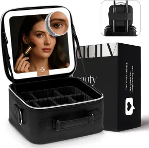 Travel Makeup Bag with LED Mirror, PU Leather Makeup Case - 3 Adjustable Brightness Levels, Lighted Cosmetic Case with Mirror, Dividers - Make Up Portable Storage Organizer with Handle