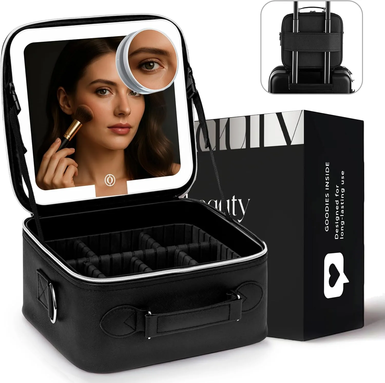 Travel Makeup Bag with LED Mirror, PU Leather Makeup Case - 3 Adjustable Brightness Levels, Lighted Cosmetic Case with Mirror, Dividers - Make Up Portable Storage Organizer with Handle