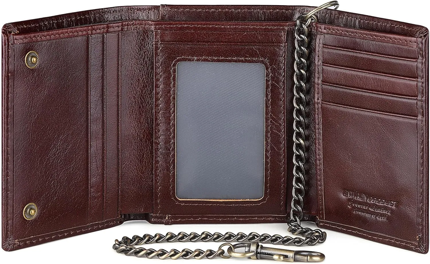 Trifold Mens Wallet with Chain, Genuine Leather Wallet RFID Blocking Anti-Theft Chain for Biker