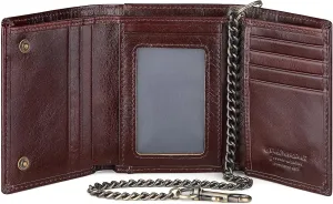 Trifold Mens Wallet with Chain, Genuine Leather Wallet RFID Blocking Anti-Theft Chain for Biker