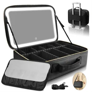 Upgraded Large Travel Makeup Bag with LED Mirror, 15?? Professional Makeup Case with 3 Color Modes Dimming Lighted Mirror, Light up Cosmetic Make up Organizer with PU Leather Cover, Adjustable Dividers