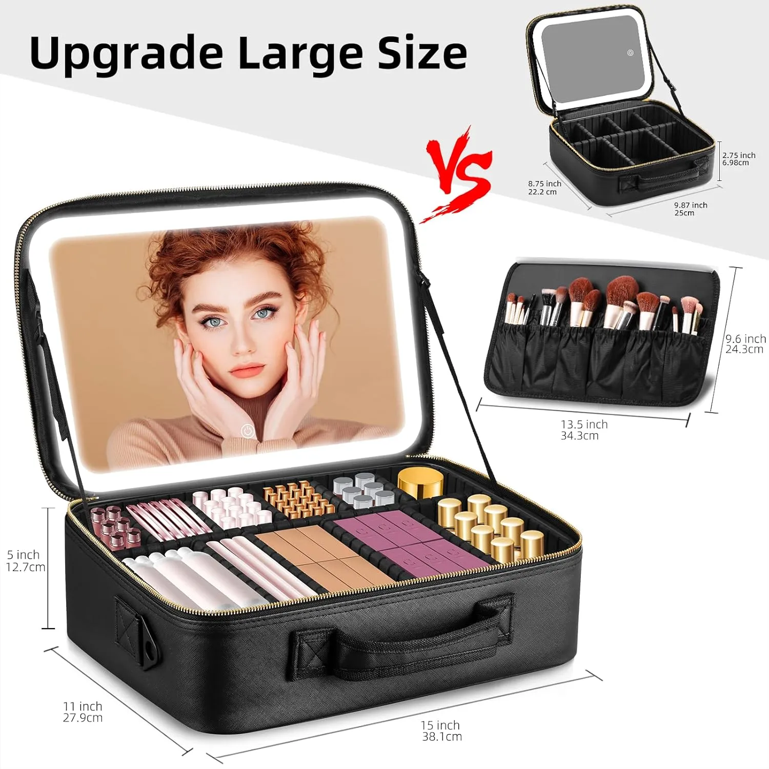 Upgraded Large Travel Makeup Bag with LED Mirror, 15?? Professional Makeup Case with 3 Color Modes Dimming Lighted Mirror, Light up Cosmetic Make up Organizer with PU Leather Cover, Adjustable Dividers