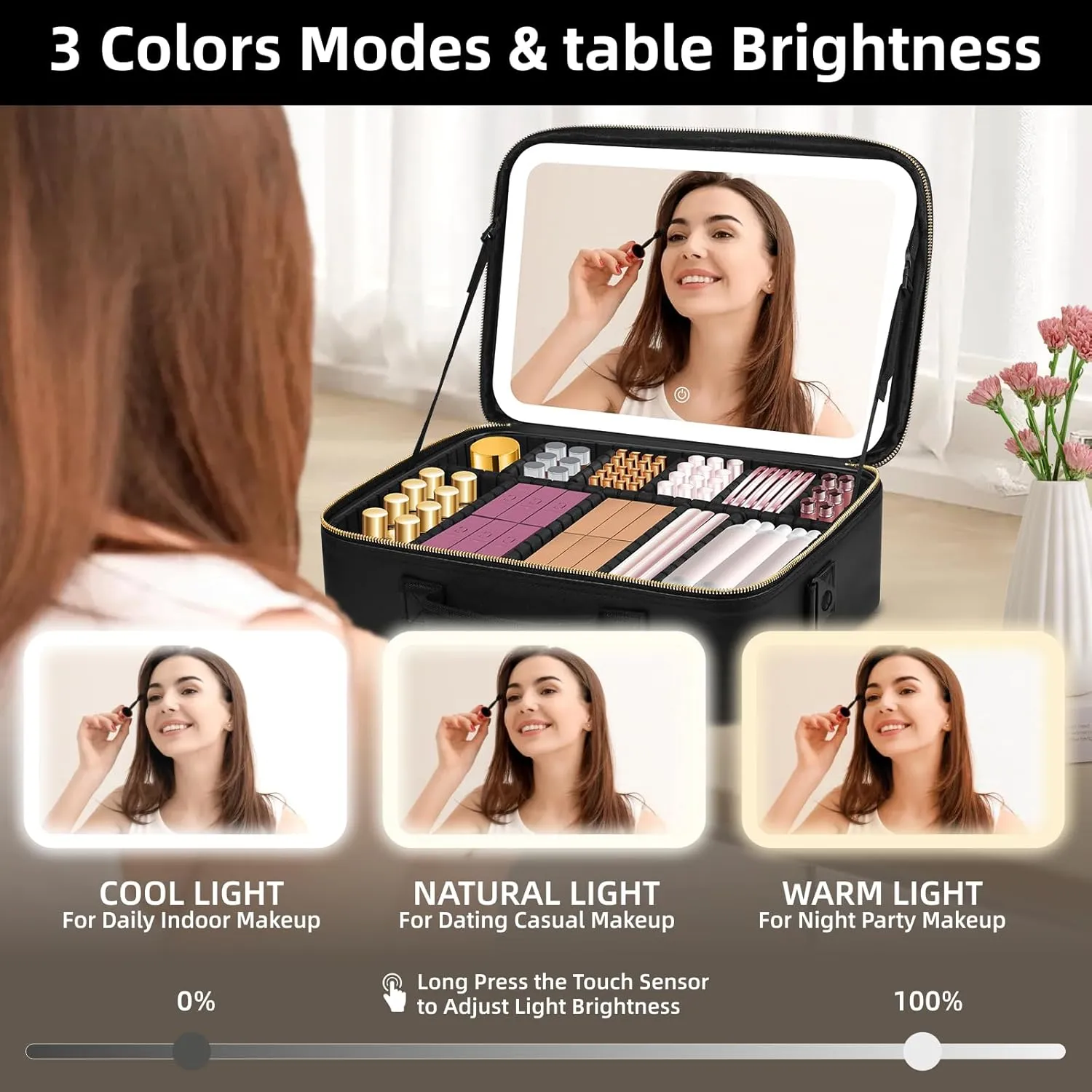 Upgraded Large Travel Makeup Bag with LED Mirror, 15?? Professional Makeup Case with 3 Color Modes Dimming Lighted Mirror, Light up Cosmetic Make up Organizer with PU Leather Cover, Adjustable Dividers