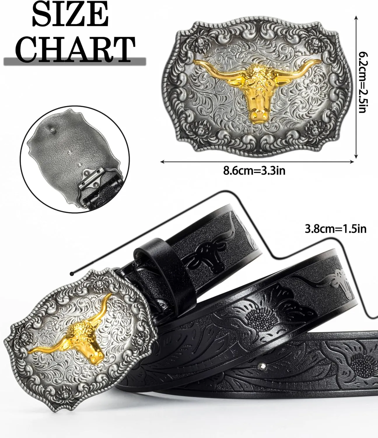 UTOWO Western PU-Leather Cowboy Buckle Belt for Men and Women Jeans Engraved Floral Longhorn Bull Buckle Belt (25-38" waist)