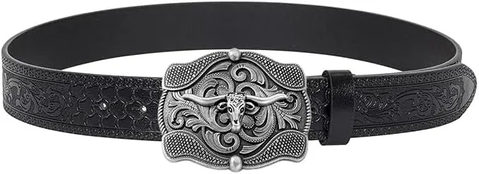 UTOWO Western PU-Leather Cowboy Buckle Belt for Men and Women Jeans Engraved Floral Longhorn Bull Buckle Belt (25-38" waist)