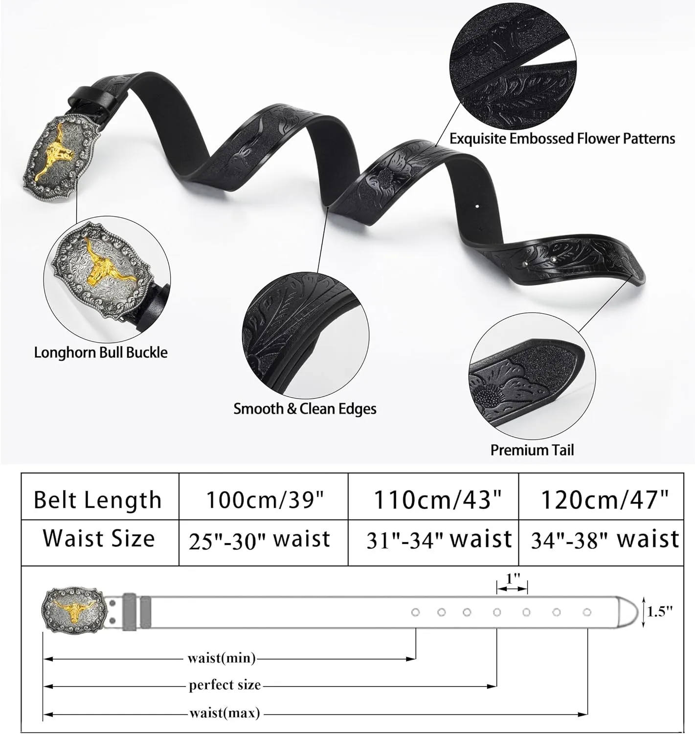 UTOWO Western PU-Leather Cowboy Buckle Belt for Men and Women Jeans Engraved Floral Longhorn Bull Buckle Belt (25-38" waist)