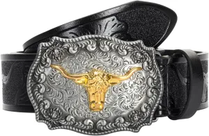 UTOWO Western PU-Leather Cowboy Buckle Belt for Men and Women Jeans Engraved Floral Longhorn Bull Buckle Belt (25-38" waist)