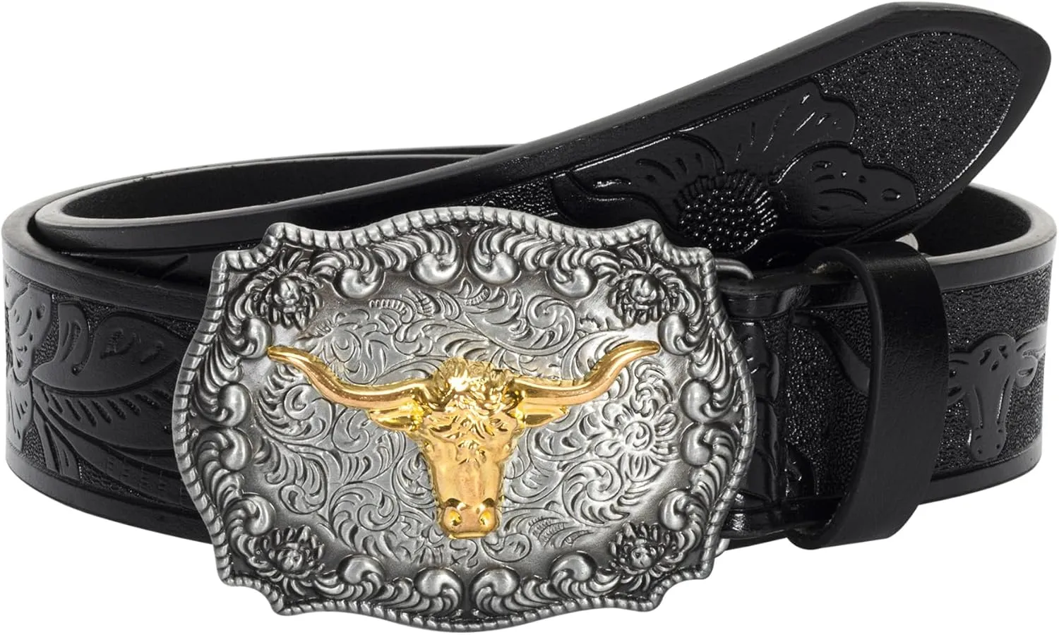 UTOWO Western PU-Leather Cowboy Buckle Belt for Men and Women Jeans Engraved Floral Longhorn Bull Buckle Belt (25-38" waist)