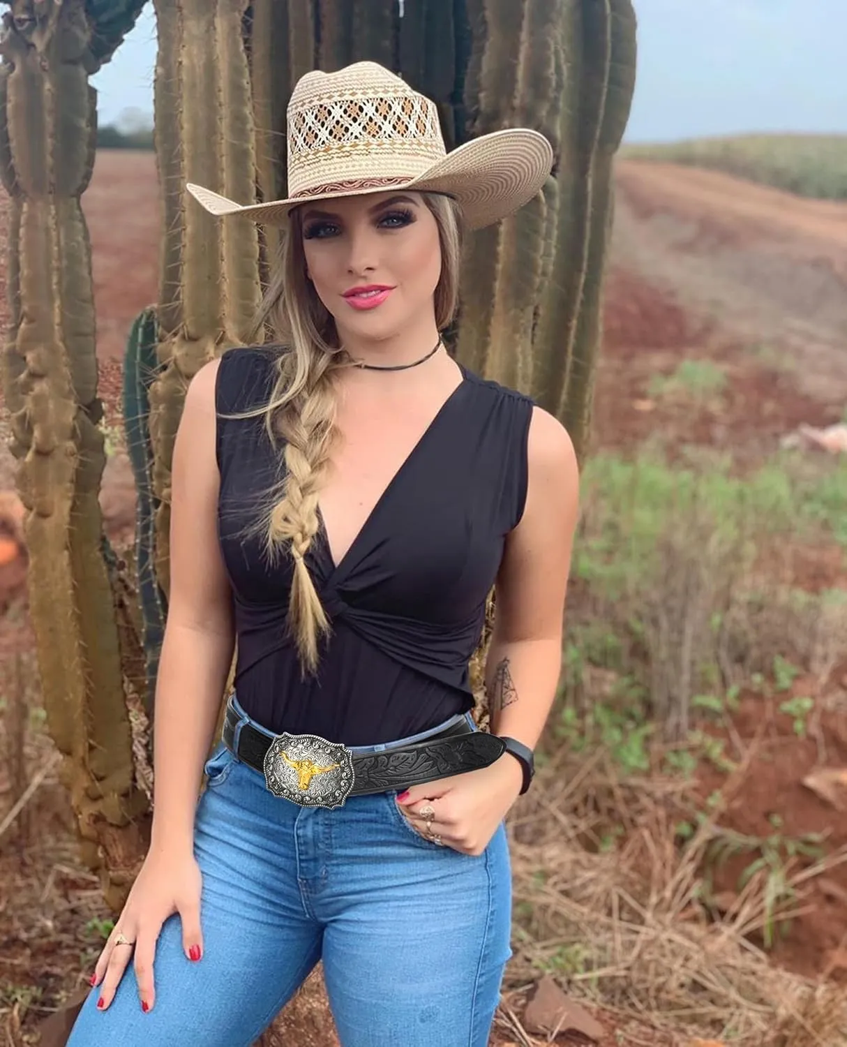 UTOWO Western PU-Leather Cowboy Buckle Belt for Men and Women Jeans Engraved Floral Longhorn Bull Buckle Belt (25-38" waist)