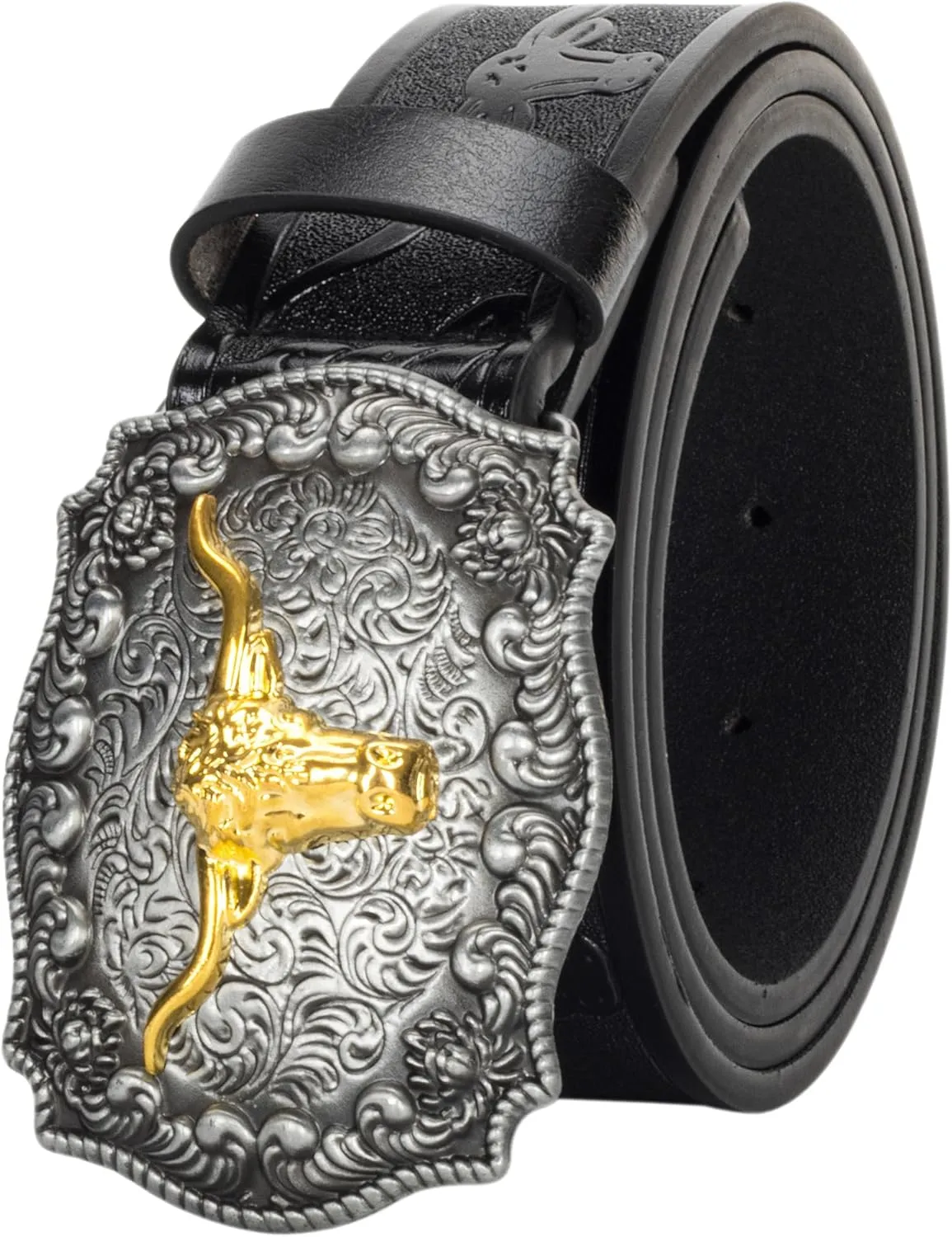 UTOWO Western PU-Leather Cowboy Buckle Belt for Men and Women Jeans Engraved Floral Longhorn Bull Buckle Belt (25-38" waist)