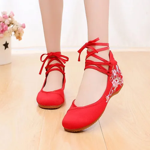 Veowalk Ankle Strap Women Canvas Embroidered Ballet Flats Ladies Comfort Cotton Ballerinas Woman Dance Shoes Vegan Muslem Shoes