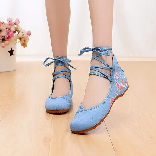 Veowalk Ankle Strap Women Canvas Embroidered Ballet Flats Ladies Comfort Cotton Ballerinas Woman Dance Shoes Vegan Muslem Shoes