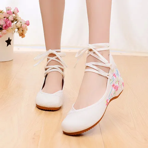 Veowalk Ankle Strap Women Canvas Embroidered Ballet Flats Ladies Comfort Cotton Ballerinas Woman Dance Shoes Vegan Muslem Shoes