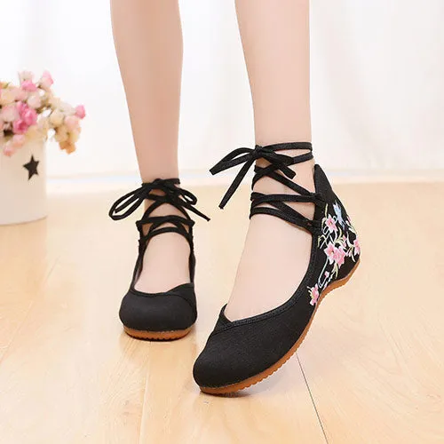 Veowalk Ankle Strap Women Canvas Embroidered Ballet Flats Ladies Comfort Cotton Ballerinas Woman Dance Shoes Vegan Muslem Shoes